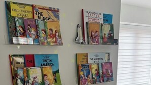Uma parede com quatro painéis de livros, cada um exibindo títulos e capas diferentes.