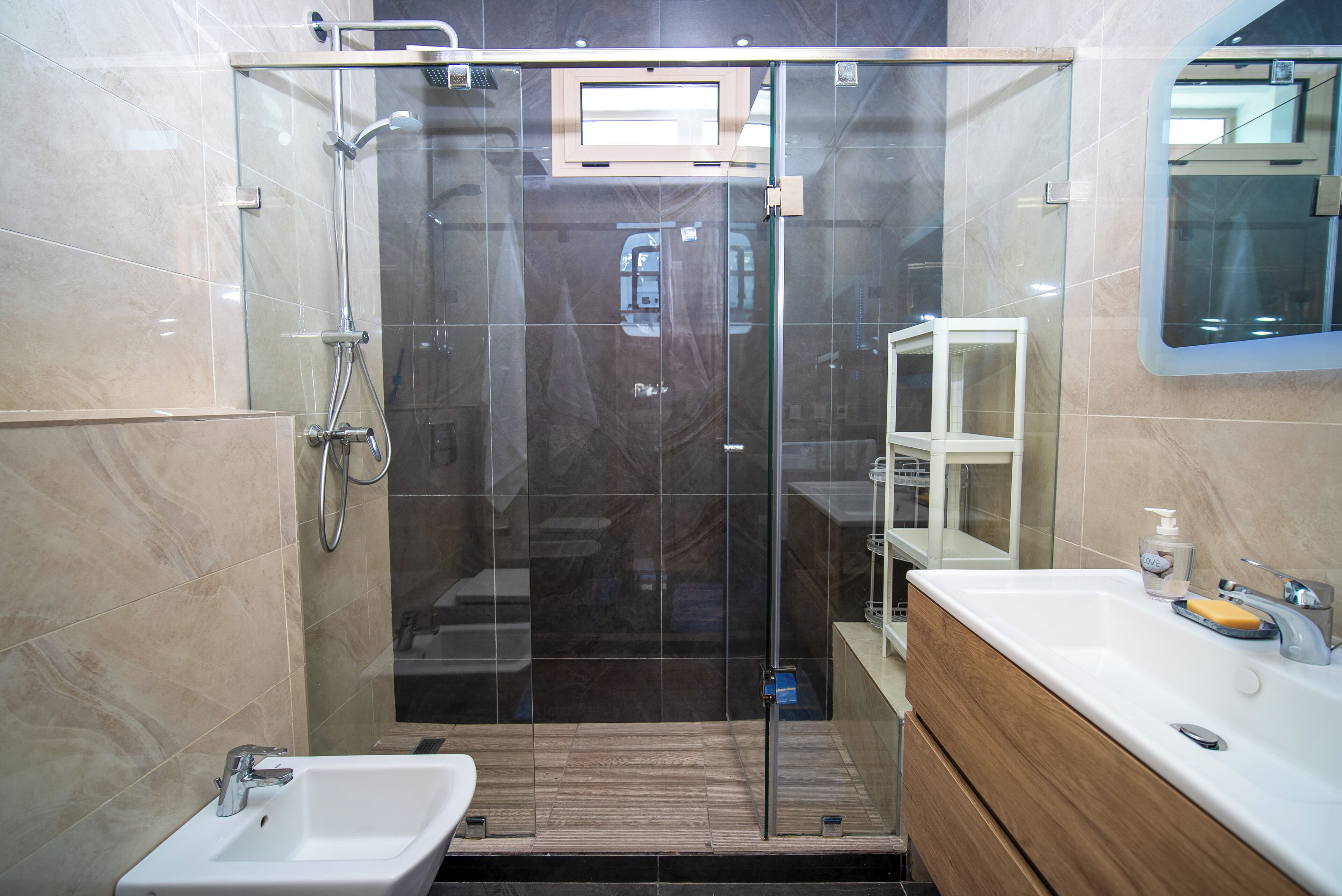 Hair dryer, bidet, towels, soap