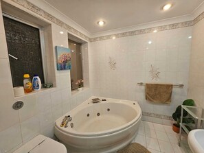 Secadora de cabello, toallas, jabón, papel de baño 