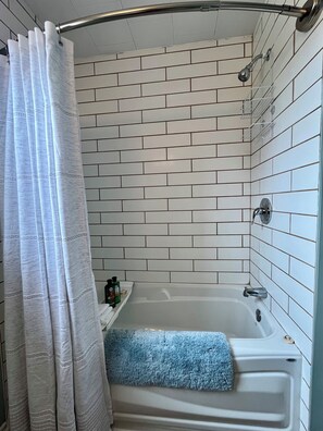 Hair dryer, towels, soap, shampoo