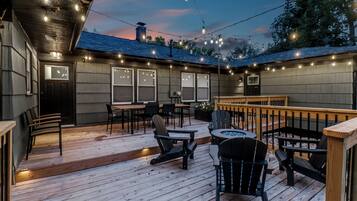 Cosy outdoor dining space for 8, a fit pit & master suite outdoor area.