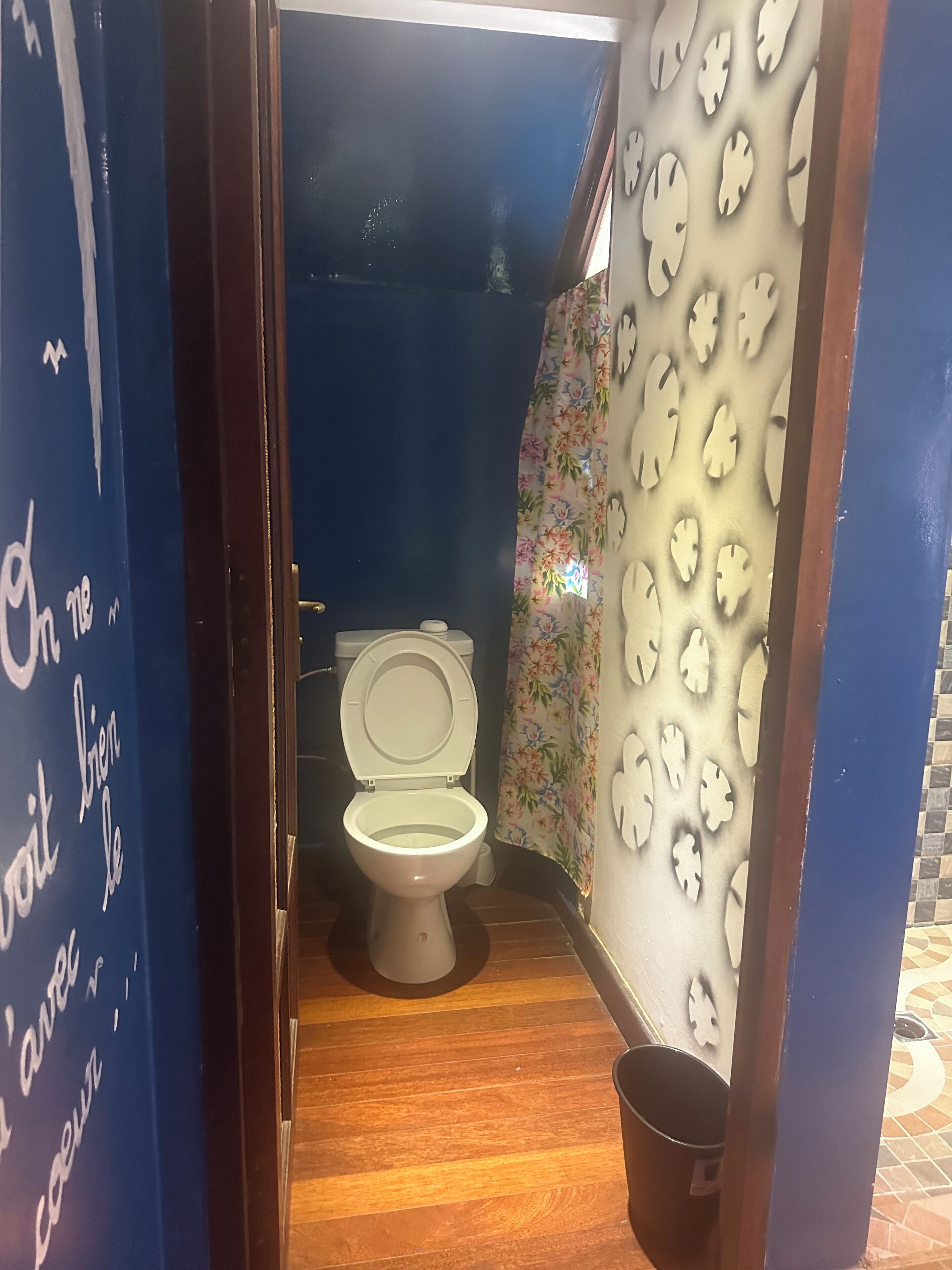 A bathroom with a toilet, a wooden floor, and a blue wall with a quote.