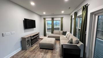 Smart TV, fireplace, books, video library