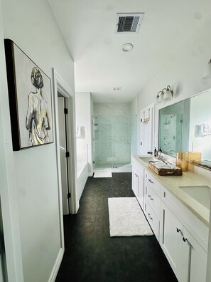 Eco-friendly toiletries, hair dryer, towels, soap