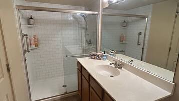 Shower, towels, soap, shampoo