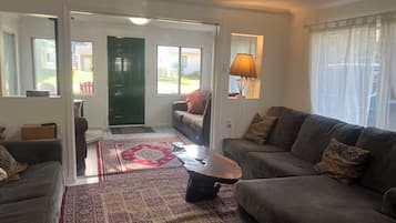 TV, fireplace, DVD player, books