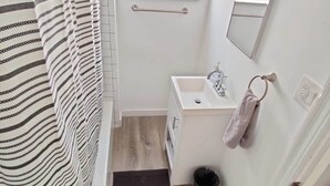 A bathroom with a shower curtain, a window, a sink, a mirror, and a towel rack. - 1601 Lombard  (Philadelphia)