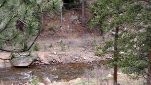 A natural landscape with a stream, trees, and rocky terrain. - Hot Tub Suite with Gas Fireplace and View from Deck (Estes Park)