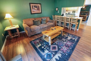 TV, fireplace, video library