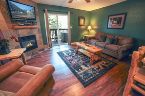 TV, fireplace, video library