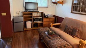 Un espace de vie compact comprenant un canapé, un téléviseur, un four à micro-ondes et un petit réfrigérateur.