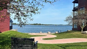 A bench in a grassy area with a path leading to a body of water, surrounded by buildings. - 2-bedroom apartment just a short walk from the Saint Lawrence River.
 (Clayton)