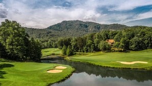 A golf course with a pond, trees, and a mountain in the background. - JayBird's Nest at Rumbling Bald in Lake Lure w/ pools, sauna, lake, spa, golf  (Lake Lure)