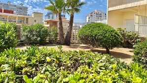 A courtyard with palm trees, a hedge, and a building with balconies.
