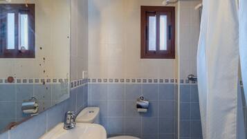 Une salle de bain équipée d’un lavabo, de toilettes et d’un rideau de douche.