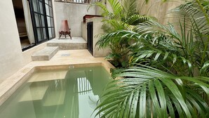 A small courtyard with a pool, steps leading to a door, and a chair. - "Jade" Premium Suite, AC, Private pool (Tulum)