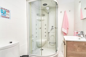 Shower, hair dryer, towels