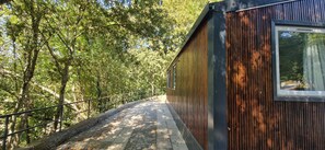 Puinen mökki, jossa on ikkuna, ja sen ympärillä on puita sekä päällystetty kävelypolku.