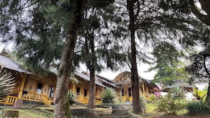 A traditional wooden building with a staircase leading to a porch, surrounded by trees and plants. - Puncak Darajat Highland (Cibuniherang)