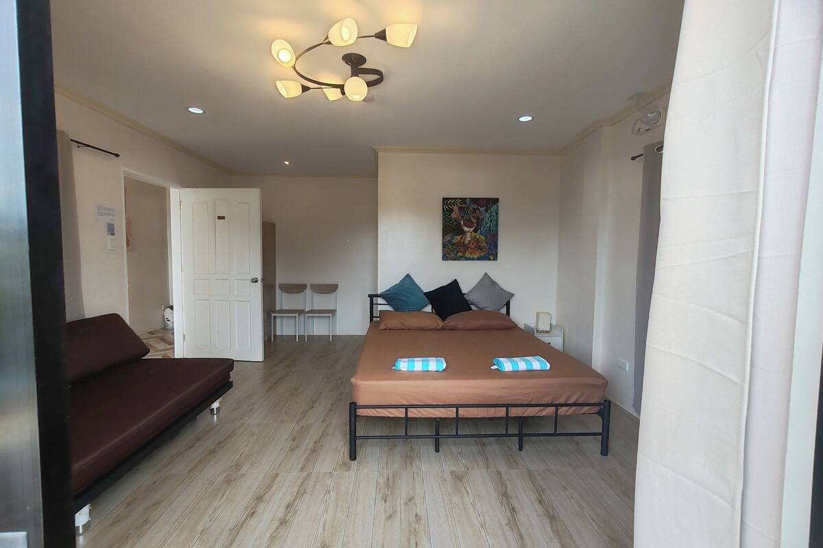 A bedroom with a bed, a sofa, a ceiling light fixture, and a painting on the wall.