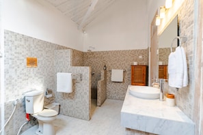 Features a spacious layout with a large sink, separate toilet area, and a shower with a glass door.