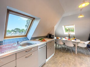Fridge, oven, dishwasher, cookware/dishes/utensils