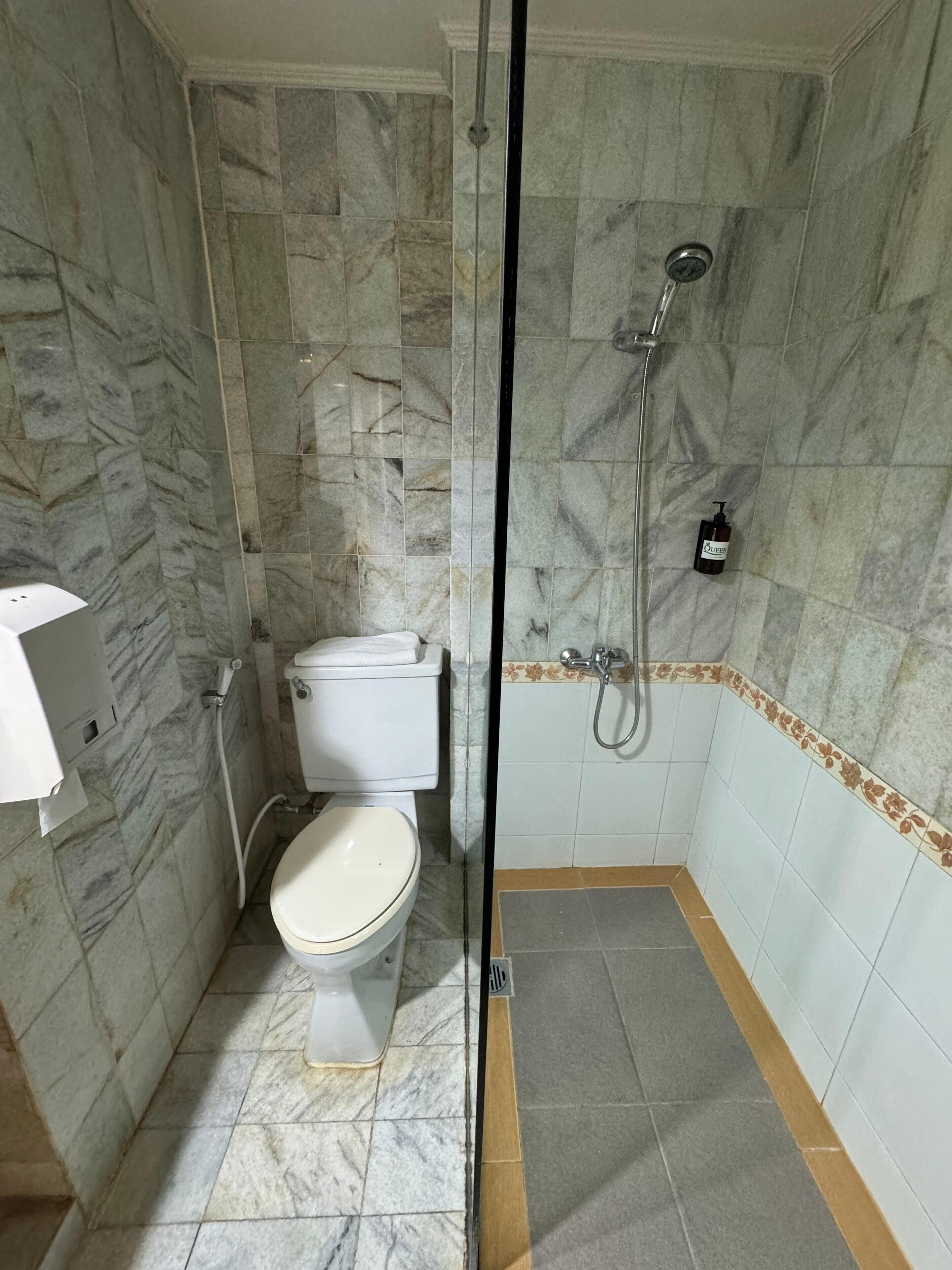 A bathroom with a toilet, shower, and marble walls.