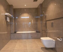 A modern bathroom with a bathtub, a toilet, and a shower.