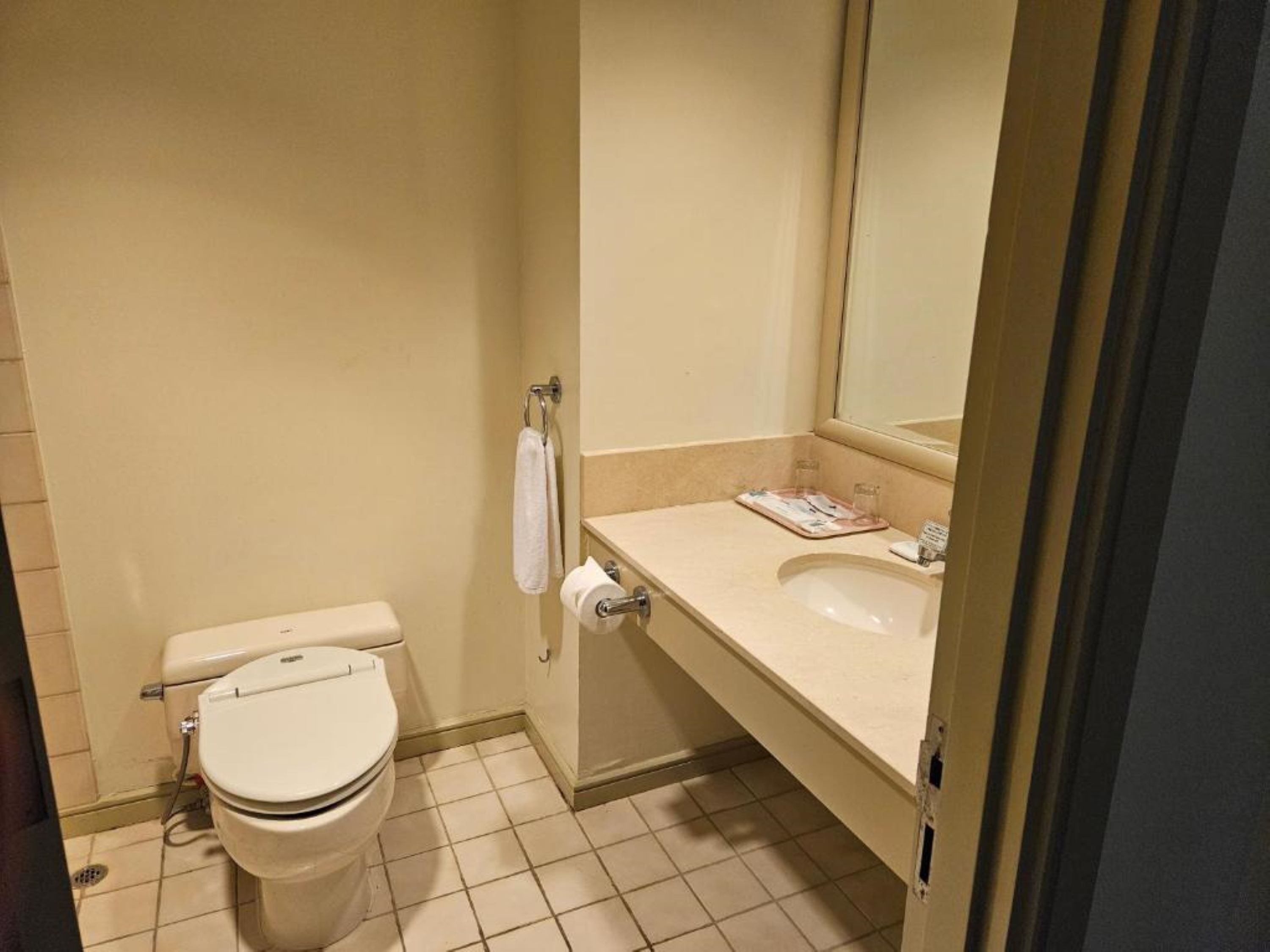Ein kleines Badezimmer mit Toilette, Waschbecken und Spiegel.