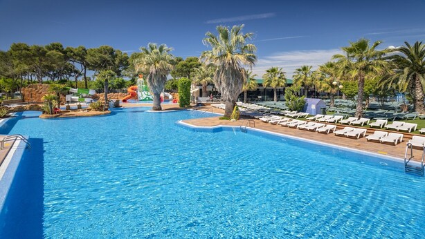 A large swimming pool with clear blue water, surrounded by palm trees and lounge chairs. - Chalet in Blanes near the Beach & Pool (Blanes)