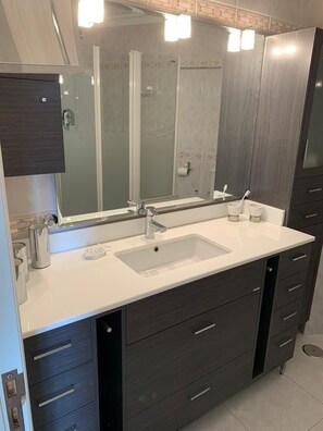 Shower, towels, toilet paper