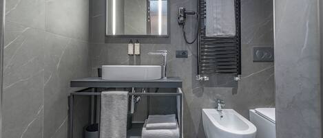 Shower, rainfall showerhead, hair dryer, slippers