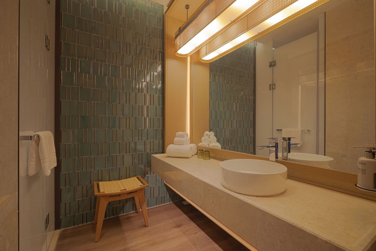Separate tub and shower, hair dryer, bathrobes, slippers