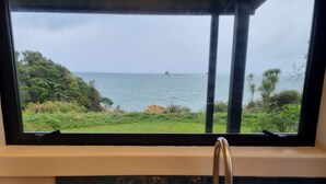 A kitchen with a window overlooking a coastal landscape. - Hole in the rock studio
Welcome to the hole in the rock Studio,  (Cape Foulwind)