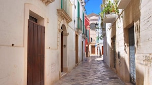 Une rue étroite, bordée de bâtiments des deux côtés, qui présente un mélange de styles architecturaux et un chemin pavé.