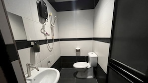 A small, modern bathroom with a white sink, a toilet, and a shower head.