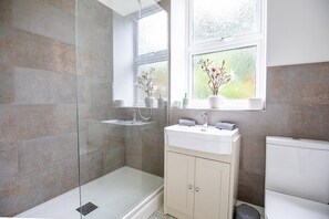 Shower, hair dryer, towels