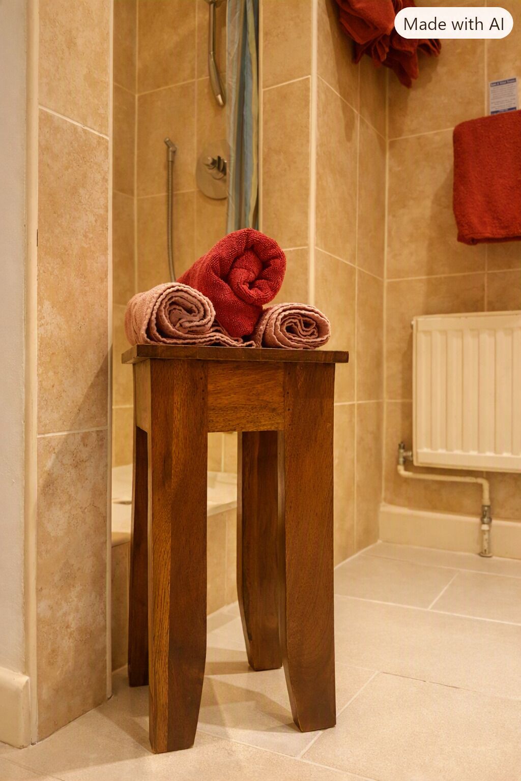 A wooden stool with rolled towels in a bathroom with beige tiles and a white radiator.