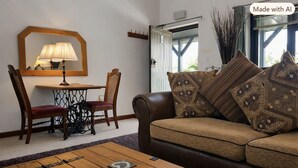 A living room with a sofa, a table, a chair, a lamp, and a mirror. - Langford Apartments and Rooms (Bristol)