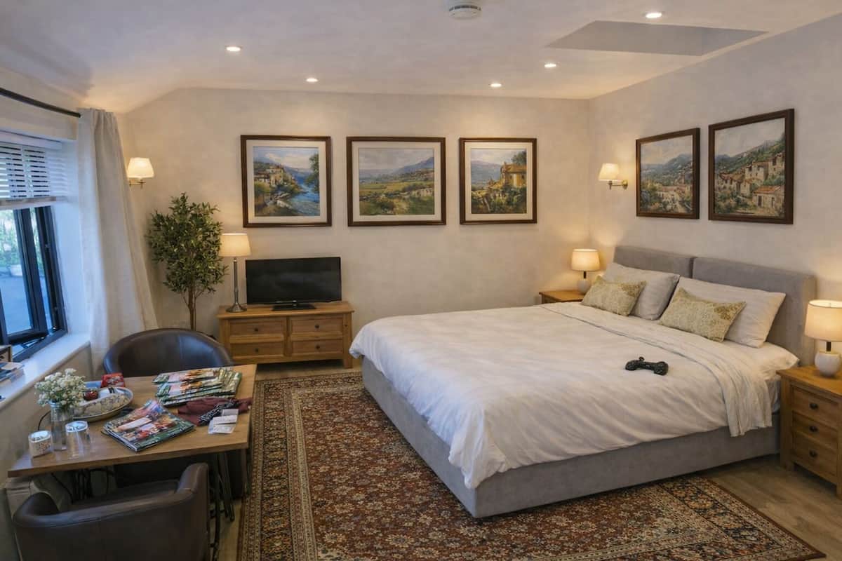 A hotel room with a bed, a desk, a TV, and framed pictures on the wall.