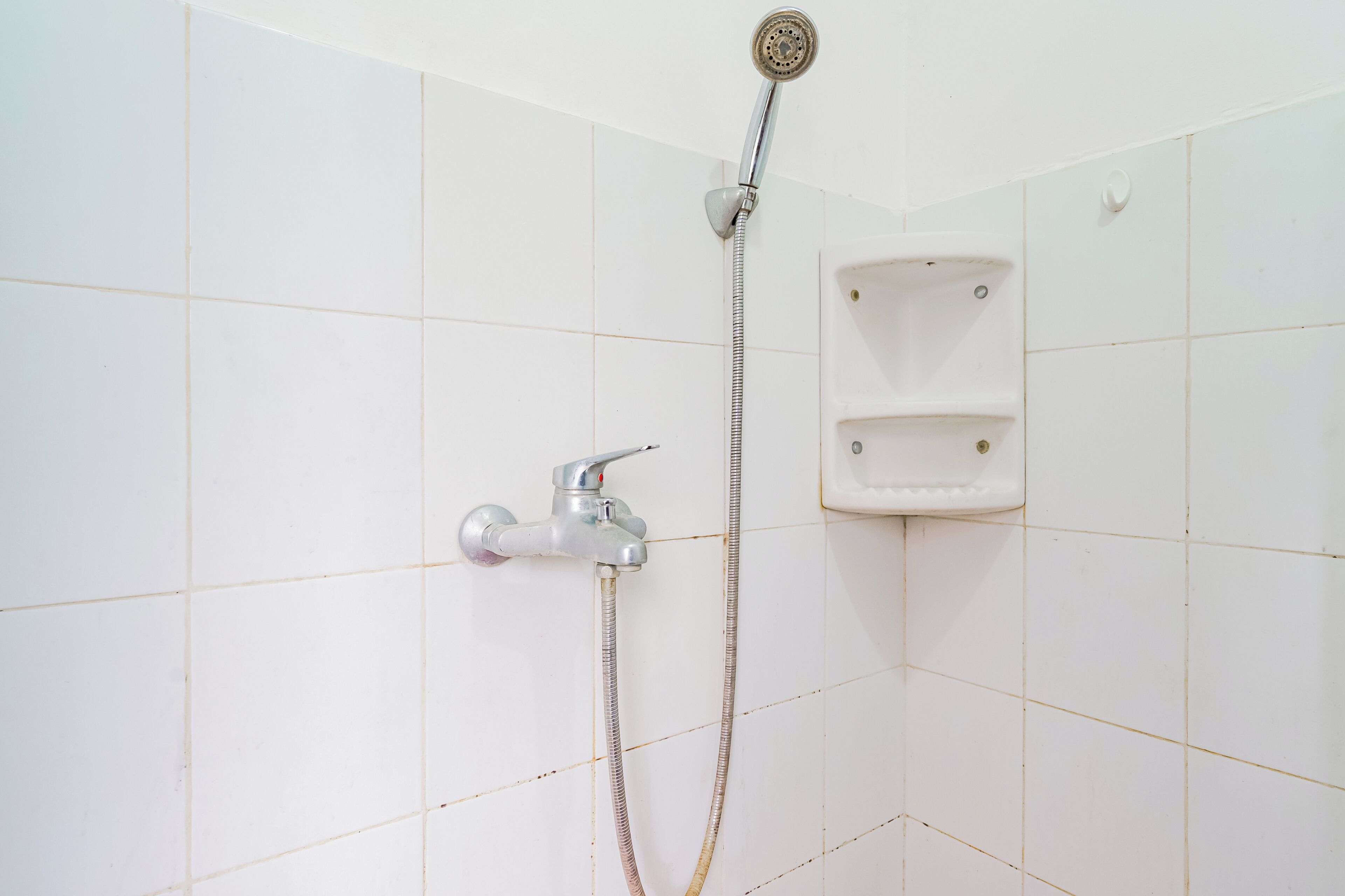 A shower with a handheld showerhead and a fixed wall-mounted faucet.