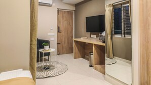 A modern hotel room with a wooden door, a flat-screen TV, a small round table with a plant, and a large mirror reflecting the room.