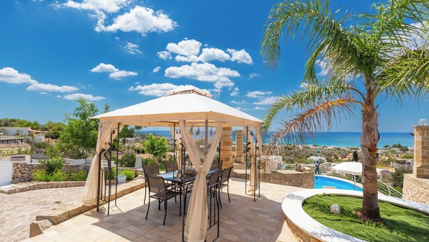 A covered outdoor dining area with a table and chairs, a palm tree, and a view of the sea.