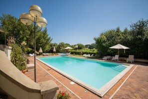 Una piscina rectangular con solárium empedrado, rodeada de sillas de descanso y sombrillas.