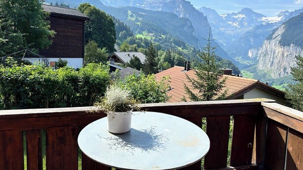 Un balcón con una planta en maceta, con vista a un paisaje montañoso con casas y un cielo despejado.