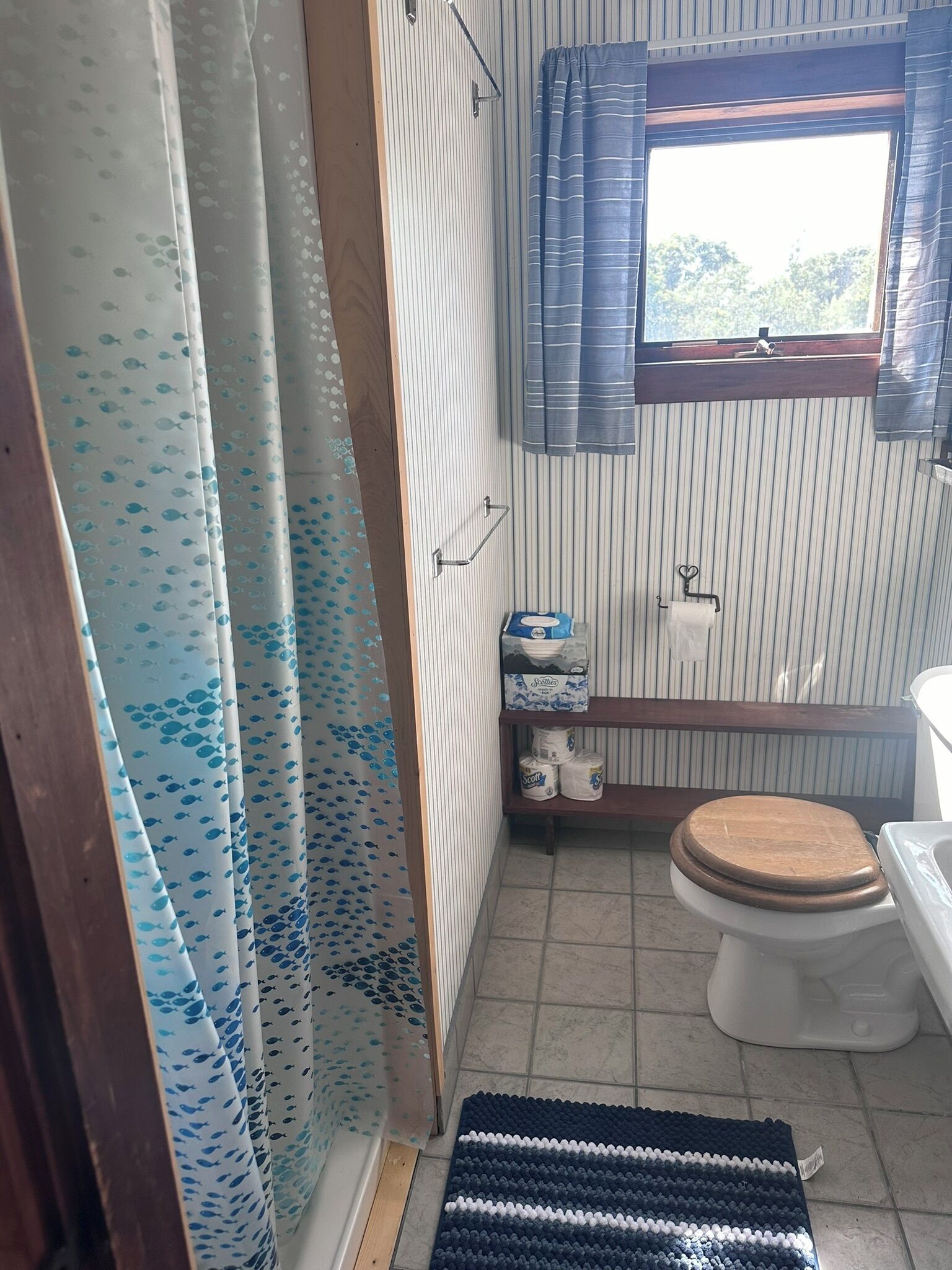 A bathroom with a shower curtain, toilet, and a window with curtains.