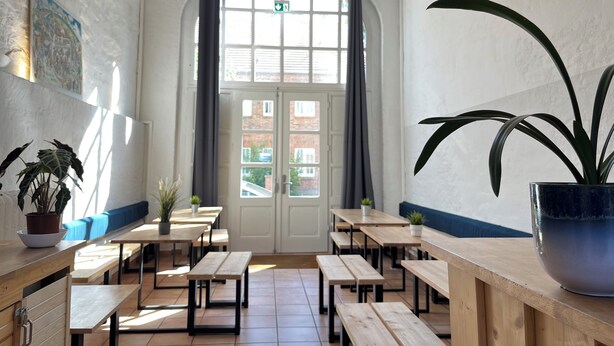 A café with wooden tables and benches, a large potted plant, and a chandelier. - Blue Doors Hostel Altstadt (Rostock)