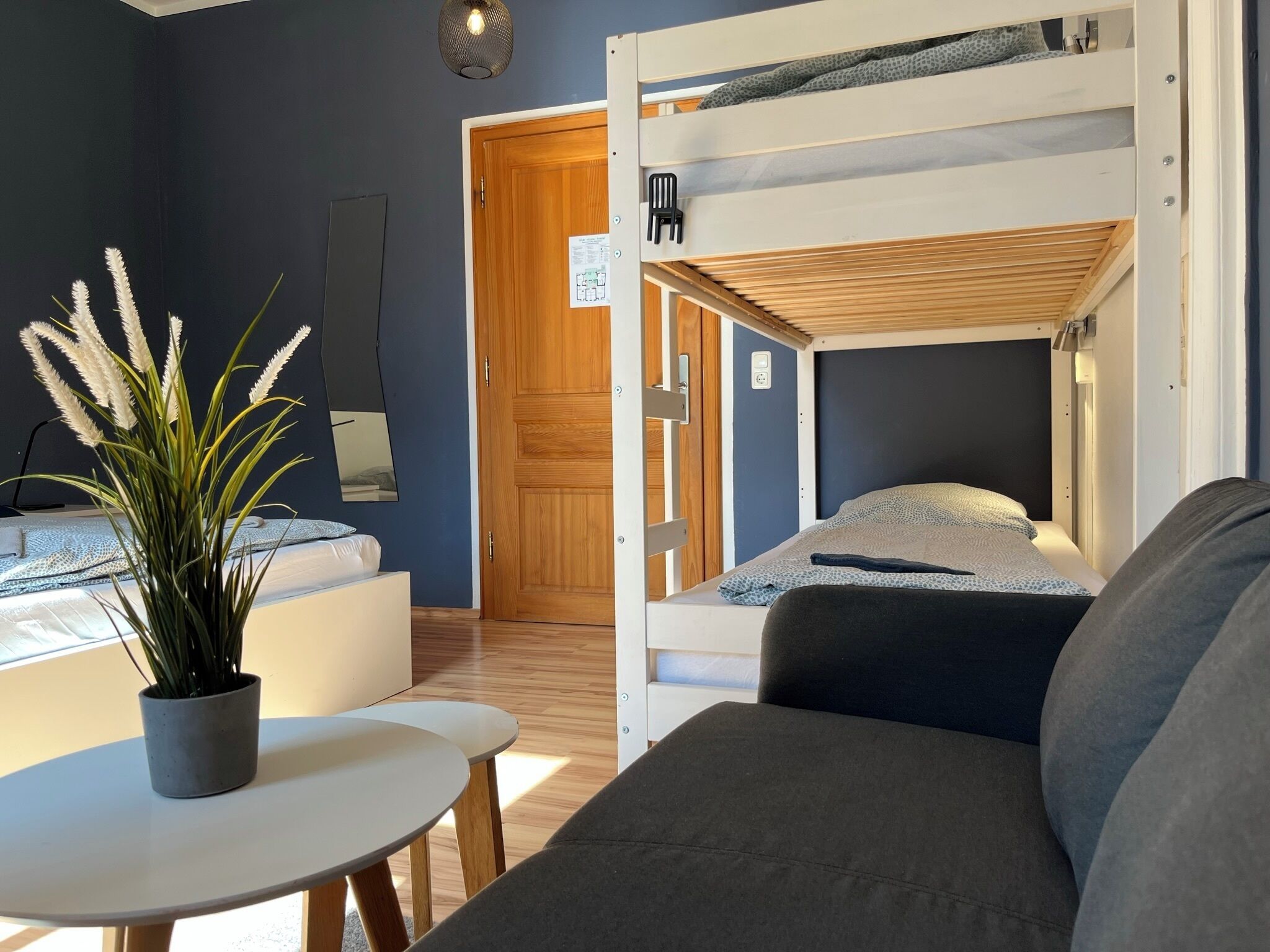 Een kamer met een stapelbed, een klein tafeltje met een potplant en een bank.