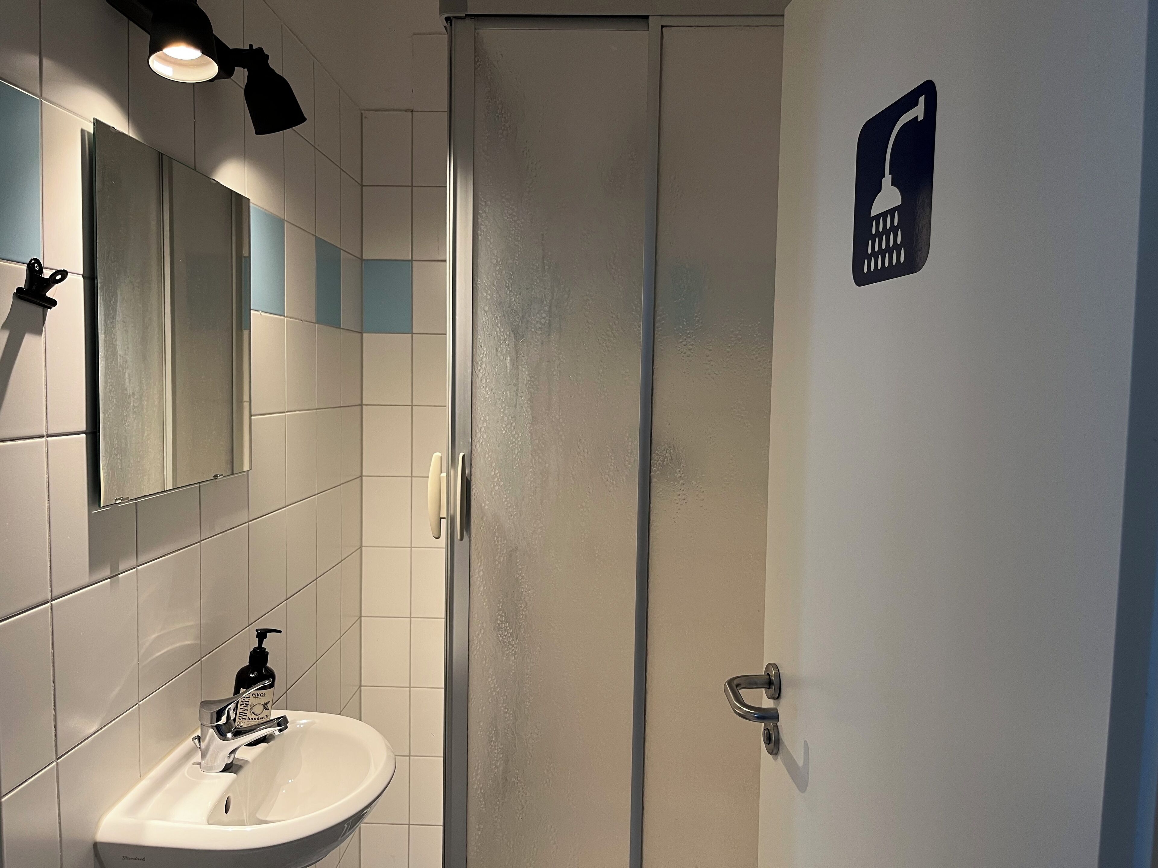 Une salle de bain avec un lavabo, un miroir et une porte de douche.