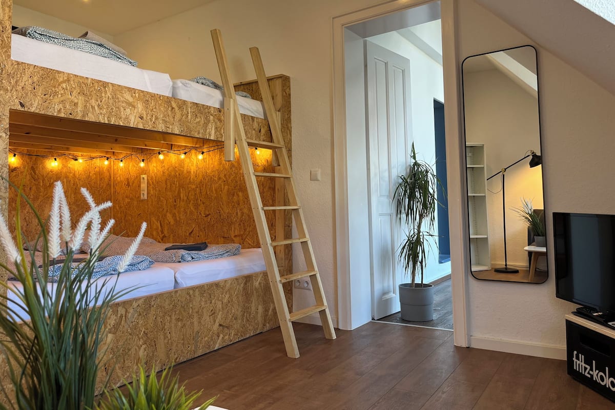 A room with a bunk bed, wooden ladder, string lights, potted plants, and a TV.
